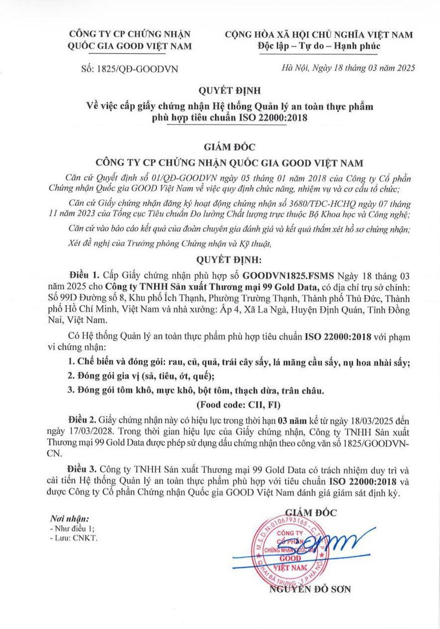 Certification decision 1825/QD-GOODVN